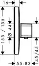 Diagramm eines Thermostatunterputzsystems mit runder Abdeckung. Sichtbar sind verschiedene Maße und Anschlussdetails, typisch für Produkte von Hansgrohe.